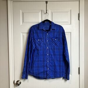 Age Of Wisdom Western Pearl Snap Blue Check Plaid Long Sleeve Shirt Size L